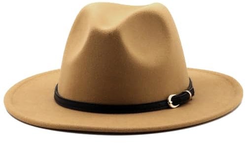 HEYANN Fedora Hut Damen Herren Klassische mit breiter Filzhut Herren Krempe mit Gürtelschnalle Filz Unisex Trilby-Hut Panama Jazz Huts (M, Kamelhaar)