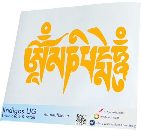 INDIGOS UG Auto Aufkleber Auto - 300x183 mm - Om Mani Padme Hum - gelb - Selbstklebender Sticker für Auto, Fenster, Bus oder LKW
