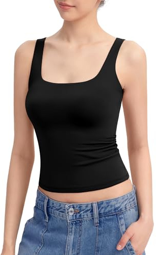 PUMIEY Tank Top for Women Sleeveless Double Lined Basic Summer Tops, Jet Black Medium