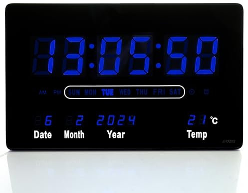 TruWare Just Camp Wanduhr Digital Groß LED Uhr mit Kalender Digitaluhr mit Temperaturanzeige und Wecker Studiouhr für Gewerbe Cafés Kiosk Hallenuhr L (Blau)