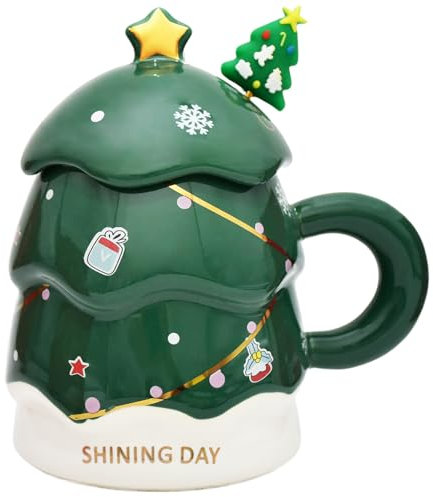 Peclek 14 oz Christmas Tree Mug with Lid and Spoon Decorations, Cute Festive Ceramic Coffee Cup, Winter Xmas Holiday Birthday Tabletop Drinkware Teacup Gifts for Adults Kids Men Women (Green)