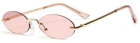 Belachick Sonnenbrille Herren Damen Unisex Rahmenlose Retro Kleine Ovale Sonnenbrille Frauen Unisex Brille Klare Rosa Linse Brille Gold-Braun
