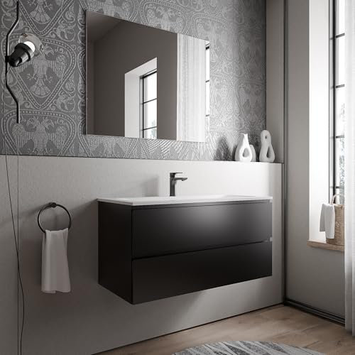 BERNSTEIN Badmöbel-Set Ava 100cm bestehend aus Mineralguss-Waschbecken mit Unterschrank in Schwarz matt, Waschtisch CREAM - Weiß matt mit Hahnloch, Ideal für mittelgroße Bäder und Badezimmer