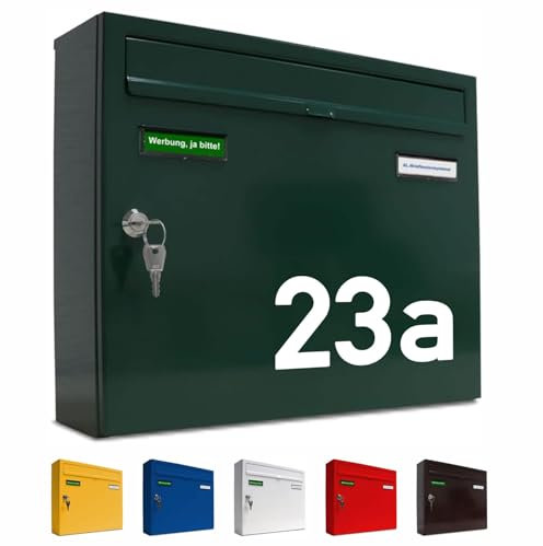 AL Briefkastensysteme Briefkasten mit Hausnummer grün RAL 6005 - Basic 1er Briefkasten mit Namen und Hausnummer wetterfest Din A4 - Postkasten mit Hausnummernschild personalisiert