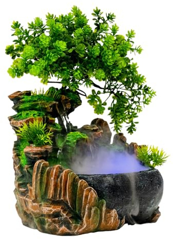 Zimmerbrunnen Tischbrunnen Indoor mit Pflanzen, Wasserfall Desktop Brunnen Gartenbrunnen für Home Office Schlafzimmer Schreibtisch Dekoration (20 * 15 * 28cm)