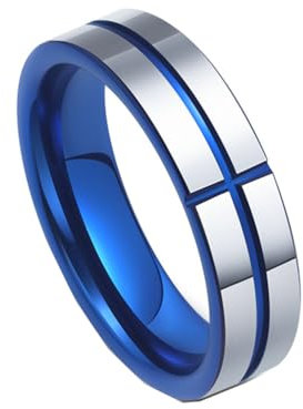 PAMTIER Herren 6mm Wolframkarbid Ring Klassische Eheringe Christliche Rillen Kreuz Linie Verlobungsring Blau Silber Größe 62 (19.7)