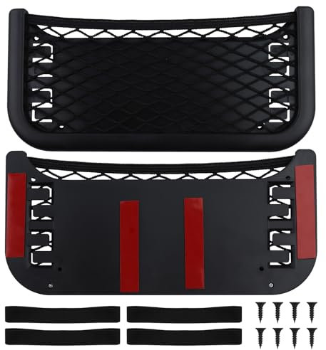 2 Pièces Filet Rangement Voiture Pochette Stockage, Vide Poche Voiture Filet de Rangement avec Vis et Bande Élastique, Multifonctionnel Auto-adhésif en Filet pour Dossiers de Sièges