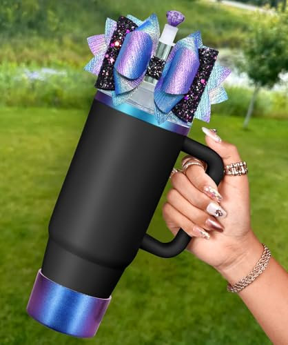 Toykee Bow Straw Topper with Cup Bootfor Stanley 40 30 oz - Bling Glitter Dark Purple Bow and Diamond Cover Caps with Bottom Protector 3 PCS Sets for Tumbler Accessories