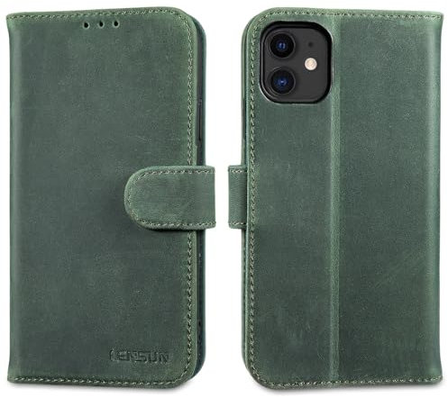 LENSUN Lederhülle für iPhone 11, Handyhülle [Echtes Leder][Wallet Fach][RFID Schutz] Leather Hülle Echtleder Handytasche Kompatibel mit Apple iPhone 11 - Retro Grün