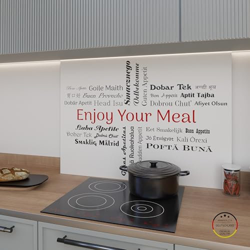 WOWMÖBEL Spritzschutz Küchenrückwand Glasoptik selbstklebend Küche | ESG 4mm | Rückwandschutz Platte Glasrückwand Wandpaneele nach Maß | Eat & Enjoy (B 120cm x H 80cm)