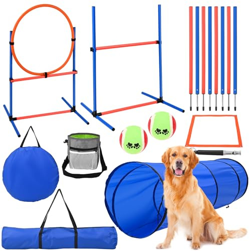 MINENICE Agility Kit d'équipement d'agilité pour Chien avec Tunnel pour Chien de 170 cm, Obstacles avec Tunnel pour Chien, 8 Barres de Slalom, Hauteur réglable, Parfait pour Le Parc