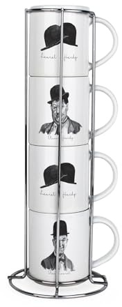 Purely Home Laurel & Hardy Stacking Mugs Set - Vintage Comedy Gifts for Film Fans - Set of 4 Small Ceramic Mugs Gift Set with Metal Stand