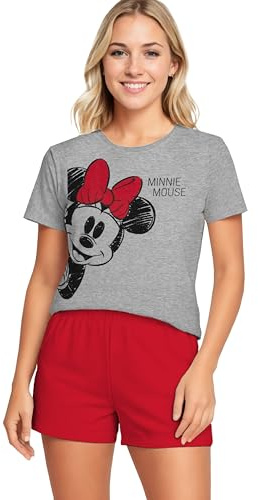 Disney Minnie Mouse Schlafanzug für Damen - Pyjama Set Kurzarm Oberteil mit Shorts Grau/Rot