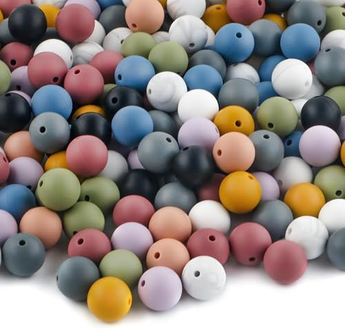UNOZAVER 100 Stück Silikonperlen Set, Bunte Silikon Bastelnperlen zum Schlüsselanhängerherstellung, 15mm Runde Perlen Bulk für Halskette, Armbänder, Schmuck, Stifte