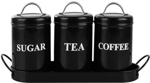 AHAQU 3PCS Tea Coffee and Sugar Canisters Set, 9.7x9.7x12cm Tea Coffee Sugar Jars with Lids, Metal Kitchen Canister Sets with Metal Tray for Food Storage- Black