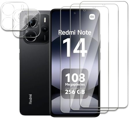 3 Piezas Protector de Pantalla para Xiaomi Redmi Note 14 5G con 2 Piezas Protector de Lente de Cámara, 9H Dureza Vidrio Templado, Ultra HD, Anti Arañazos, Sin Burbujas