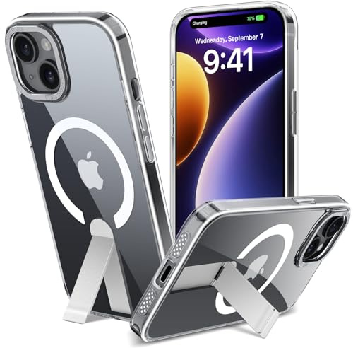 Cover Magnetica per iPhone 15 con Cavalletto Compatibile con MagSafe Custodia con Supporto, Protezione Antiurto di Livello Militare Cellulare Case Retro Resistente ai Graffi, Trasparente