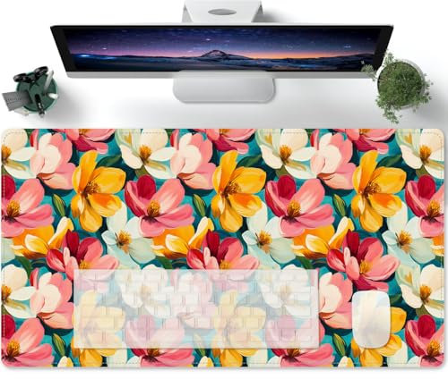 Mouse Mat Oil Painting of Pink Flowers Extended Mouse Mat Large Non-Slip with Precision Locked Edges Comfortable Keyboard Mat Suitable for Office Gamer Home - 600x300mm