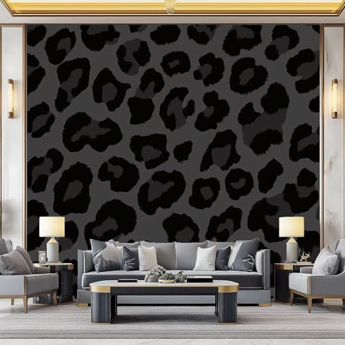3D Wall Mural Leopard Print Animal Print Black Photo Wallpaper, Luxury Non-Woven Mural Decoration Poster Picture Design Modern 150 x 105 cm (W x H) Mural for Living Room Kids Bedroom Decoration