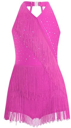 Linyuir Robe Latine pour Mädchen avec Franges Justaucorps À Col Portefeuille Paillettes Patchwork Tenue De Danse Robe De Patinage Artistique Jupe Swing Vêtements