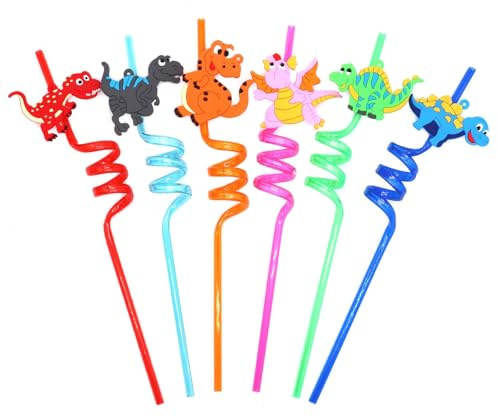 Pack of 6 Curly Novelty Dinosaur Party Plastic Straws, Fun Reusable Straws for Kids Birthday Celebrations, Family Gatherings, Festive Drinks and Party Table Decorations