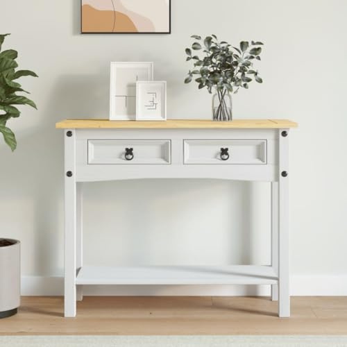 Table console en pin massif ciré blanc de style mexicain Corona 90 x 34,5 x 73 cm pour salon