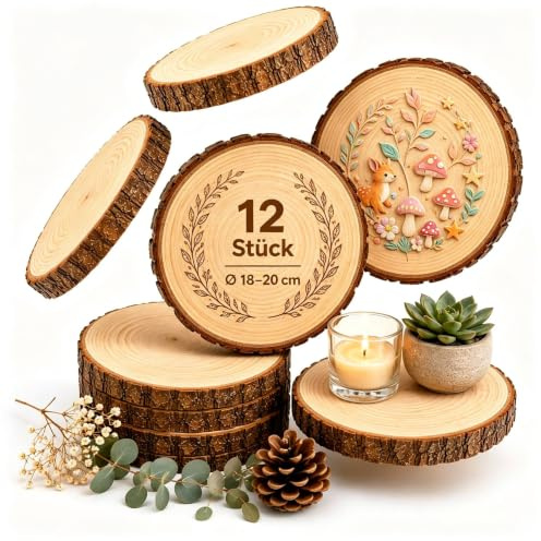 12er Set Holzscheiben 16-20 cm Durchmesser, Baumscheiben Naturholz mit Rinde, 15 mm Dick, Runde Holzscheiben zum Basteln, Ungebohrt für DIY, Lasergravur, Hochzeit, Tischdeko &Holzscheiben Deko
