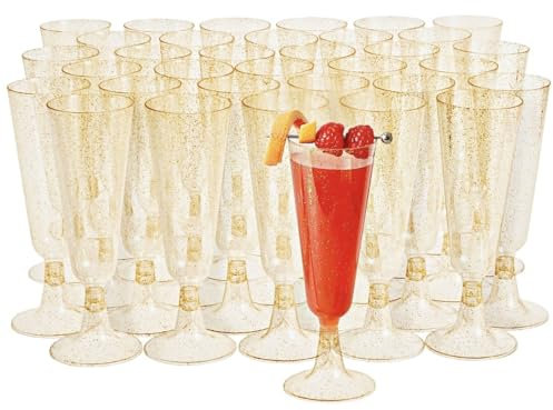 MATANA 50 Premium Sektgläser Plastik mit Goldglitter, 150ml - Sektgläser Mehrweg, Sektgläser Kunststoff, Champagner Gläser Plastik für Cocktail, Dessert - Plastik Sektgläser für Party, Hochzeit