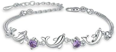 MixiuEuro femmes filles Bracelets, argent Sterling 925 CZ Zircone Améthyste Dauphin Amour Bracelets Bijoux Cadeau Pour Les Filles