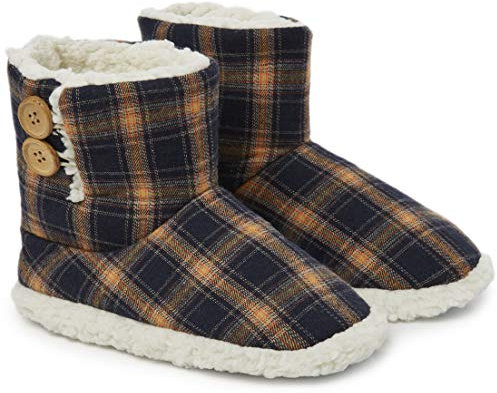 Dunlop Zapatillas Casa Mujer | Zapatillas Calienta Pies Invierno Cerradas | Pantuflas de Casa Regalo para Mujer | Botas Altas Forradas de Borreguito Suela de Goma Dura (37, Azul marino/Mostaza)