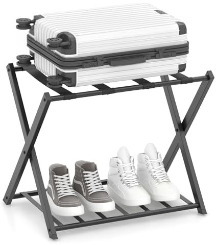 COSTWAY Porte-Valise Pliant, Porte-Bagage avec 2 Étagères, Support de Valise Pliable en Métal Robuste, pour Chambre, Hôtel, Charge Total 60 kg, 44 x 68 x 57 cm, Noir