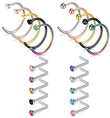 AceFun Nasenring nasenpiercing Chirurgenstahl für Frauen Männer Mix Color Diamond CZ nasenstecker L-förmige Nasenschrauben 22 Gauge Körperschmuck Piercing 20St