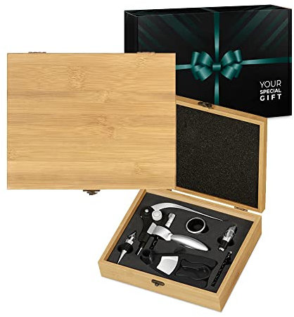 Maverton Weinöffner-Set Weinset Sommelier Set - Geschenkbox Holzbox + 6er Weinzubehörset - aus Bambus - Braun - Geburtstagsgeschenke Frau Mann Paar