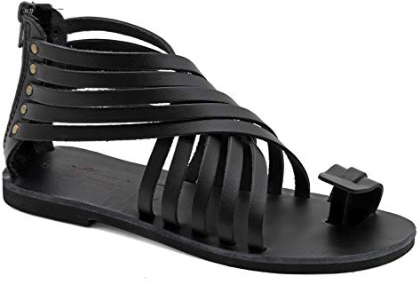 41 Schwarz Emmanuela Gladiator Sandalen aus Leder mit Reißverschlussschäften, hochwertige griechische handgefertigte Sommerschuhe, Zehenring Flache Sandalen, Boho Chic Sandalen