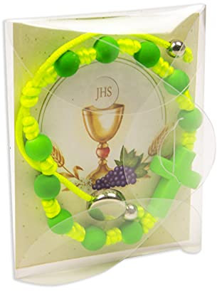 Mareli A5100-PR6 Set mit 6 Rosenkranzbeuteln, inklusive Rosenkranz und personalisierbarer Kommunionskarte. Ideal als Gastgeschenk zur Erstkommunion, 6 Beutel 6,5 x 8 x 1 cm, mit bunten Armbändern