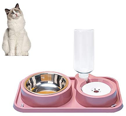 Kakbrt Gamelles pour Chat,Bols à Eau par Gravité et Double Gamelles pour Nourriture Sèche et Humide pour Chat,2 en 1 Distributeur Automatique d'alimentation pour Chaton Chiot (Rose)