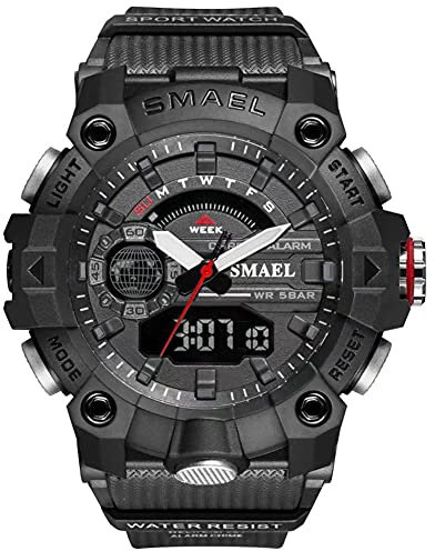 SMAEL Herren Analog Digital Sportuhr Outdoor Militär Schwarz Armbanduhr mit Alarm Dual Time Wasserdicht LED Stoppuhr, Schwarz, Militär