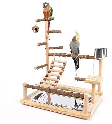 RoseFlower Supporto per Uccelli in Legno, Parco Giochi/Palestra/Set di Giocattoli, Trespolo per Pappagalli, Supporto per Pappagallo Portatile da Tavolo, con Posatoi, Scale, Altalena, Vassoio #2