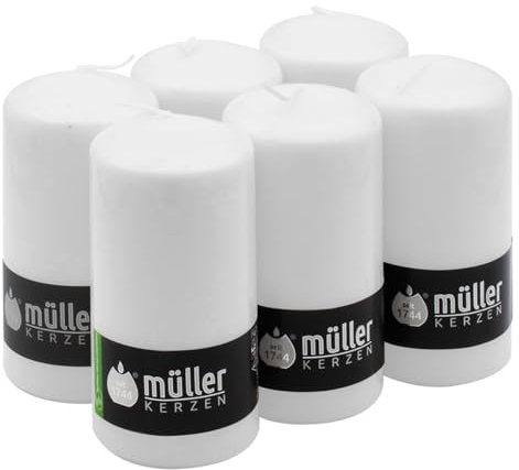 Müller KERZEN Hohe Stumpenkerzen – Set mit 6 unparfümierten weißen Kerzen in Großpackung – 6,8 x 13,5 cm – dekorative Kerzen mit langer Brenndauer von 40 Stunden – tropffreies Wachs