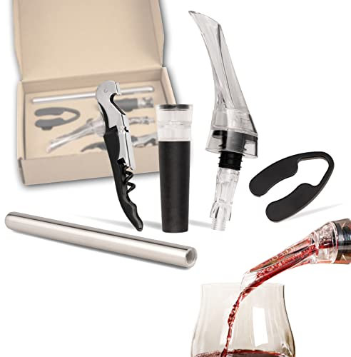 bremermann Wein-Set 5-TLG, inkl. Dekanter-Ausgießer mit Verschluss, Kellnermesser, Vakuumverschluss, Kühlstab und Folienschneider, Geschenk-Set für Rotwein, Sommelier-Set