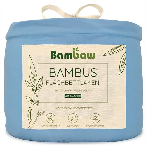 Bambaw Bambus Betttuch ohne Gummizug 240x290 cm, hautfreundliche Allergiker-Bettwäsche, Bettlaken Sommer, nachhaltige 100% Bambus Bettlaken, kühlende Bettwäsche (Hellblau)