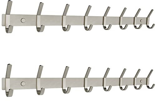 Lot de 2 porte-manteaux muraux en nickel brossé de 61 cm avec 8 crochets doubles robustes pour entrée, salle de bain, chambre à coucher, serviettes, chapeaux