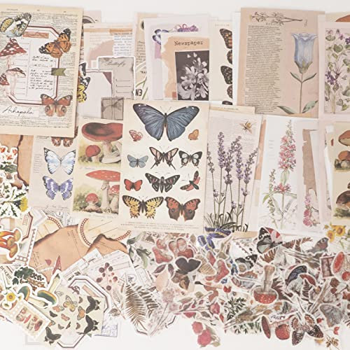 246 Stück Vintage Scrapbooking Sticker Papier Set Retro Blumen Aufkleber Washi Dekopapier Scrapbooking Zubehör für Journaling Supplies Blume-Schmetterling-Pilz…