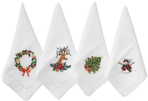 HCRAFT Bestickte Baumwoll-Tischservietten, Stoffservietten, 4 Stück, 45,7 x 45,7 cm, Weihnachtsserviette, quadratischer Stoff, Esszimmer, Servietten, Stoff, maschinenwaschbar, Weihnachtsservietten,