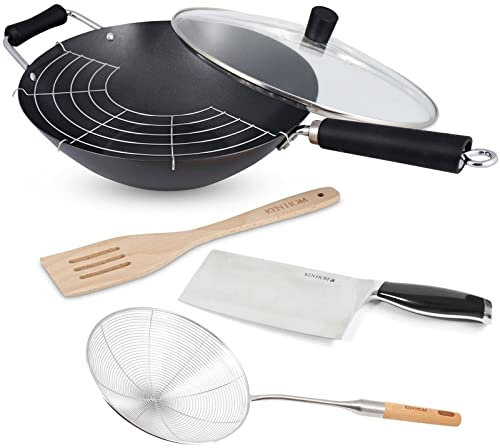 Ken Hom 6-tlg. Wok Set 31 cm Induktion aus Karbonstahl mit Antihaftbeschichtung - Wokpfannen Set mit Schaumlöffel & Hackmesser