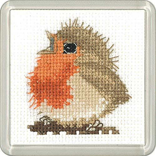 Heritage Crafts Cross Stitch Kit with Acrylic Coaster - Rowan Robin Coaster Kit