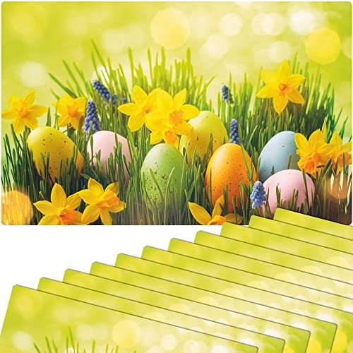 matches21 Frühlingshafte Tischsets Platzsets Motiv abwaschbar Ostereier Osterglocken Blumenwiese bunt 12er 43,5x28,5 cm