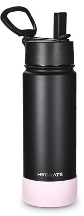 Hydrate Bottles Black Stainless Steel Water Bottle with Pink Half Silicone Sleeve - Leak-Proof Insulated Water Bottles - Drinking Bottle for Hot and Cold Beverages Hydration On-The-Go - 750ml