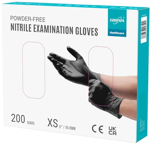 EUROPAPA® 200x Einweghandschuhe Nitrilhandschuhe puderfrei Untersuchungshandschuhe EN455 EN374 latexfrei Einmalhandschuhe Handschuhe in Gr. S, M, L & XL verfügbar (XS, Schwarz)