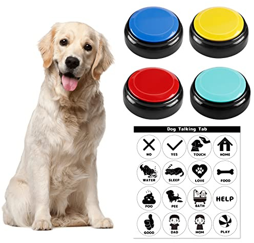 BEAN LIEVE Paquete de 4 Botones grabables para Perros para comunicación y Entrenamiento, zumbador de Comando para Mascotas con 16 Pegatinas Gratis, función de grabación de 20 Segundos